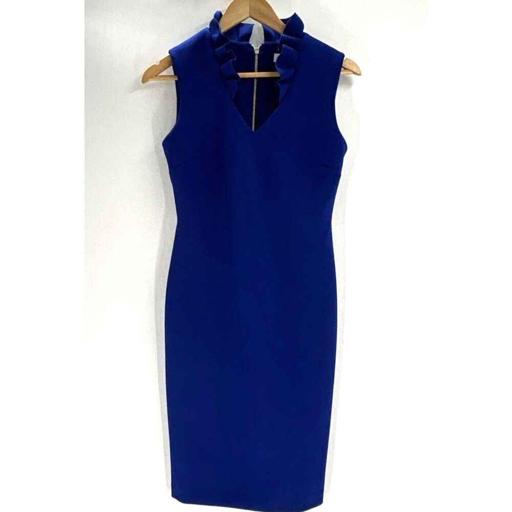 Calvin Klein Royal Blue Ruffle V-Neck Scuba Sheath Dress Size 4 NWT